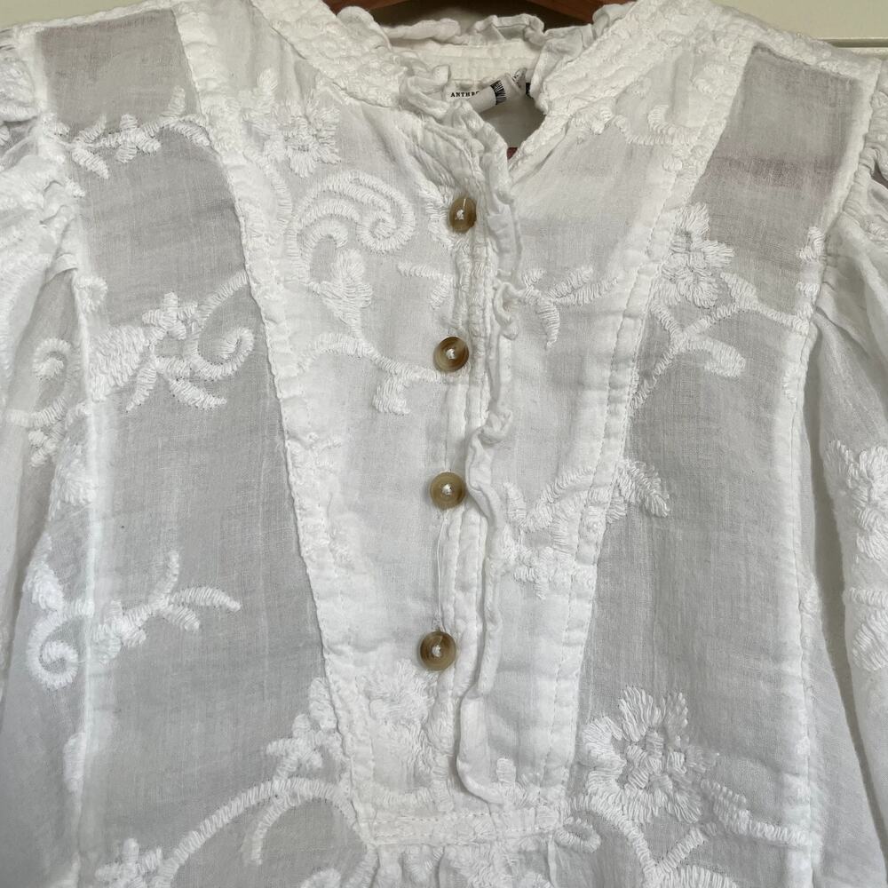 Anthropologie Akemi + Kin White Cotton Embroidered Puff Sleeve Blouse XS Boho - Picture 7 of 10